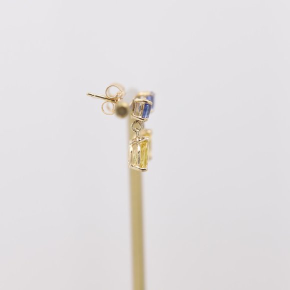 Cute Small Dangle Earrings 14k Yellow Gold Blue Sapphire and Yellow Citrine - Picture 5 of 9